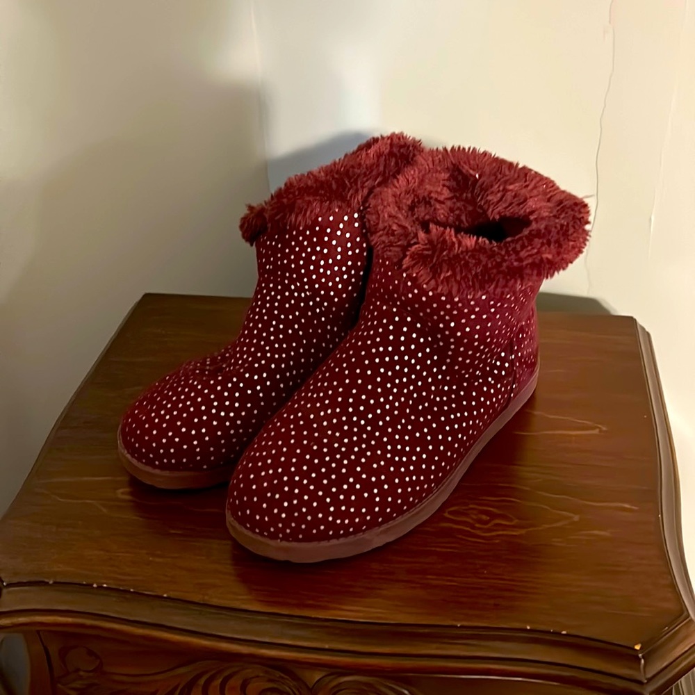 Girls Maroon and Silver Polka Dot Fur Lined Boots 3